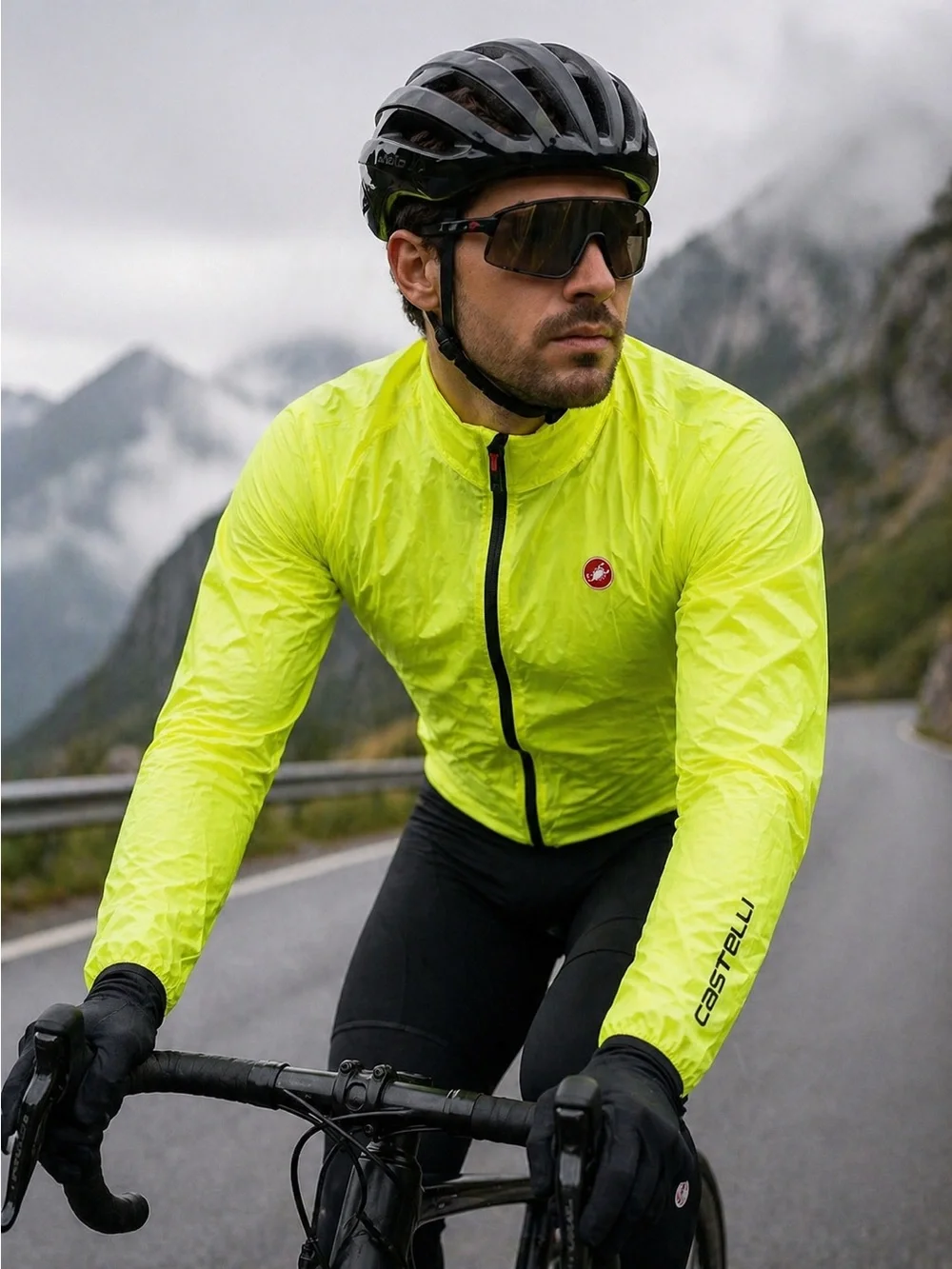 Castelli Cycling Wind Jacket Men's XL Neon Yellow Packable Full Zip NEW‎